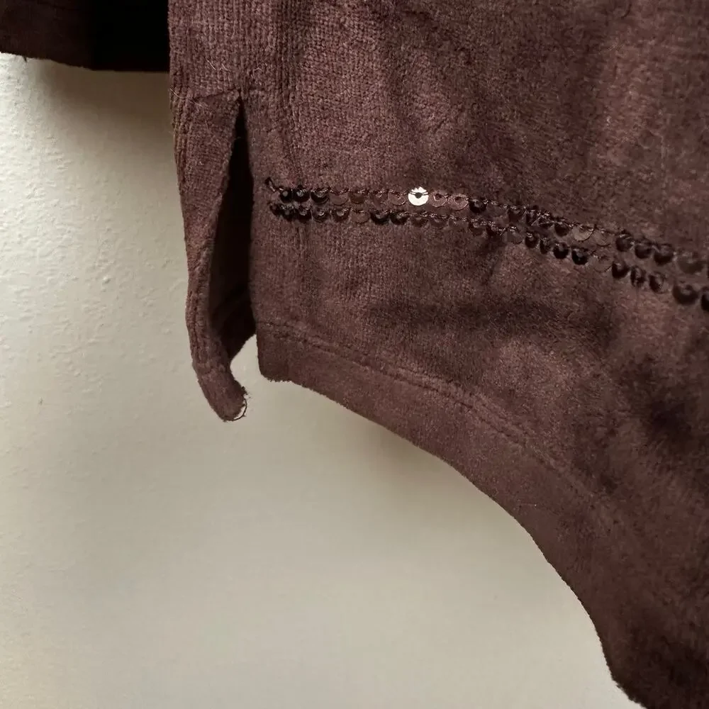 Quacker Factory Blouse Top Velour Velvet Stripe Sequins Long Sleeve Brown L